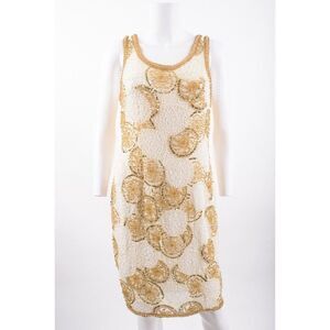 Vintage Interlude CA Womans Evening Shift Dress Size M Ivory Gold Beaded Silk